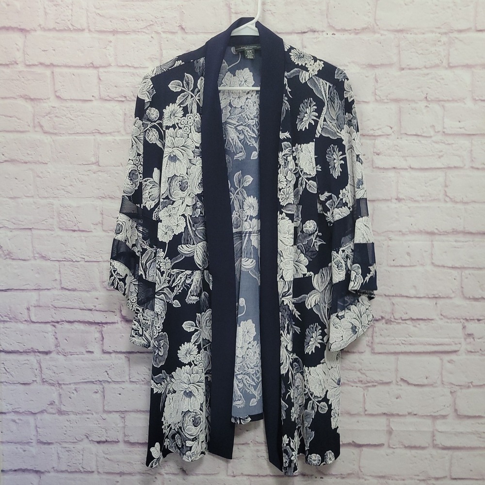 R&M Richards Floral Open Front Kimono Cardigan Jacket 16W Textured Cottage Boho